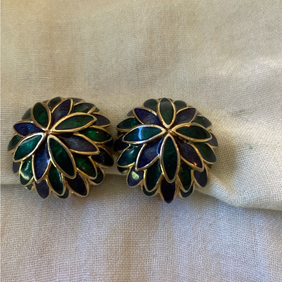 Erwin Pearl Blue & Green Enameled Vintage Clip on‎ Earrings - Picture 5 of 8